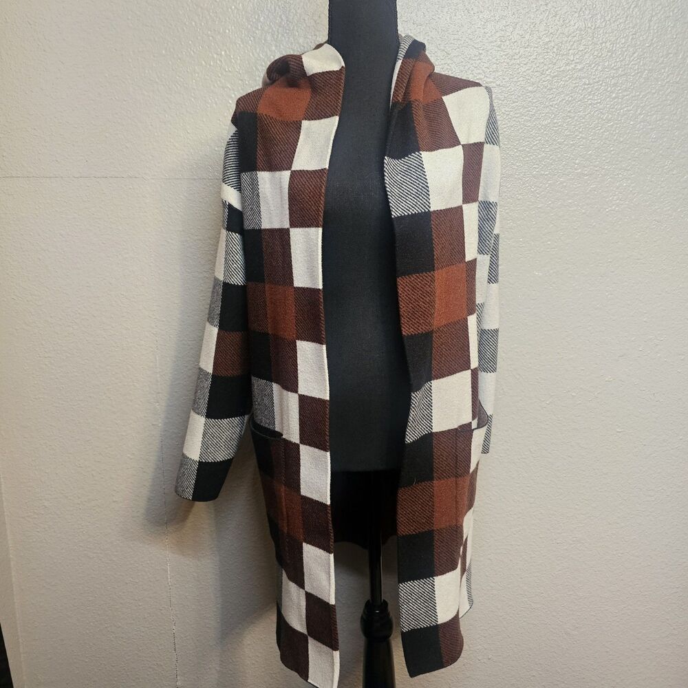 Eva & Paige Women L Plaid Patchwork Hooded Open Front Coatigan Brown Black HH608